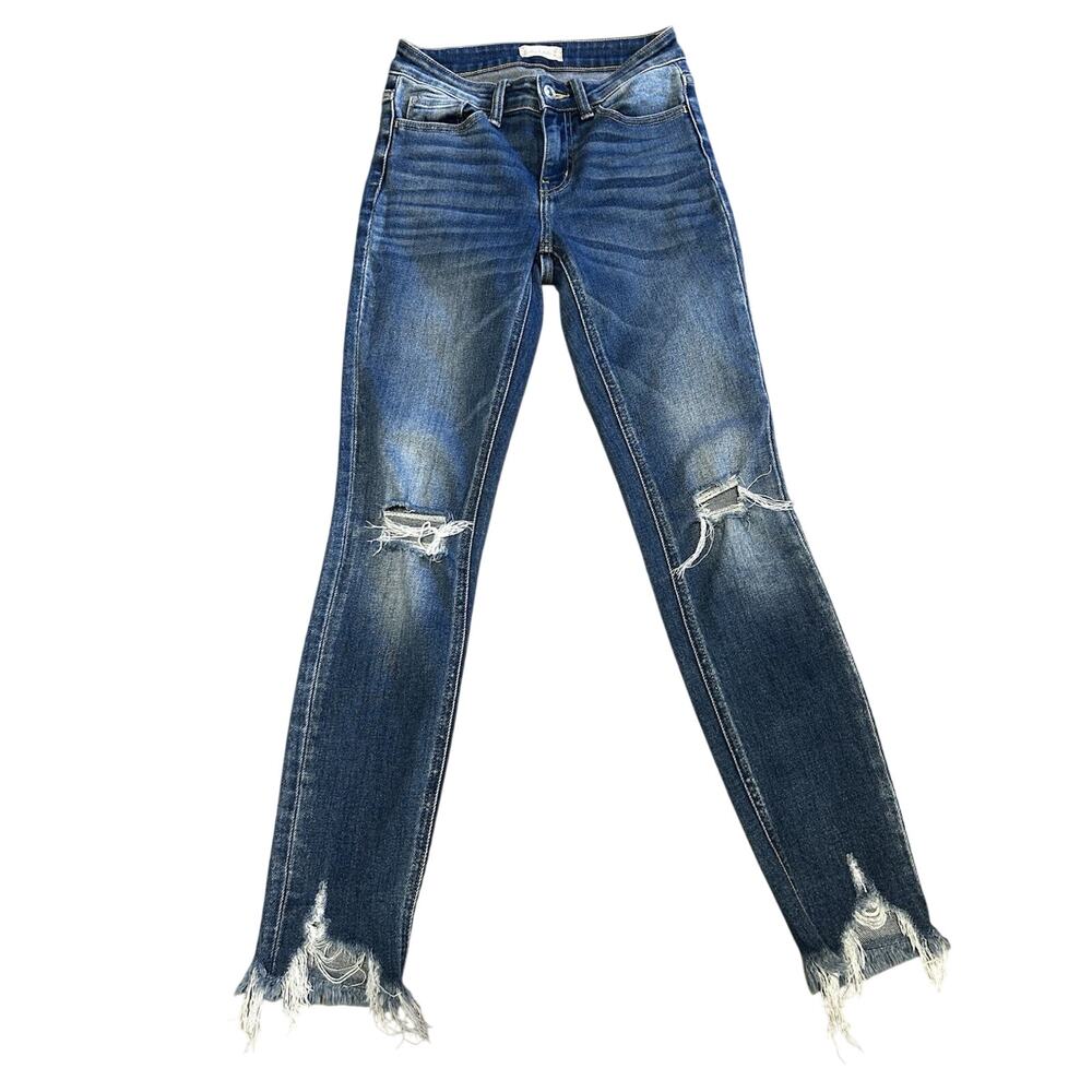 Altar'd State Distressed Dark Blue Skinny Jeans with Frayed Hems